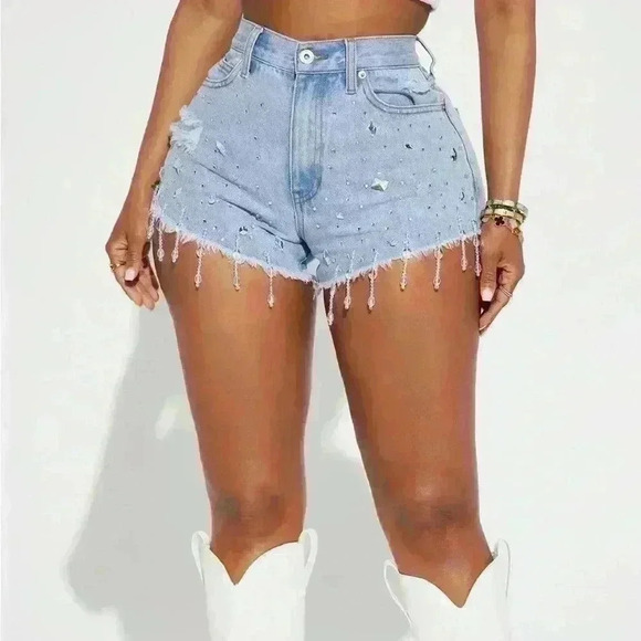 Fashion Nova Pants - Embellished Crystals Denim Jeans Shorts Sz 1